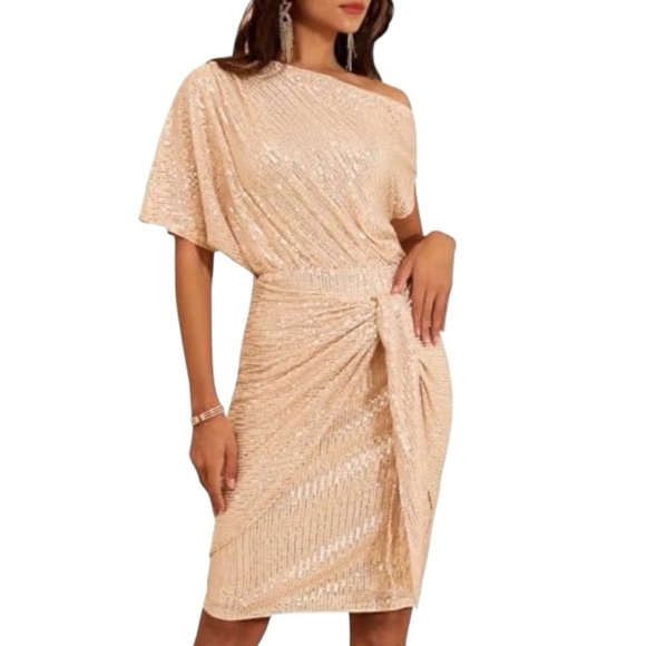 Cocktail Evening Dress Blush Pink Rose Gold Sequin Asymmetrical Sz 2XL NIB - Picture 1 of 5